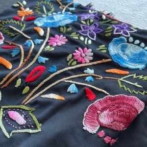 Black embroidered, fringed shawl